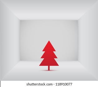 Red christmas tree in the white room