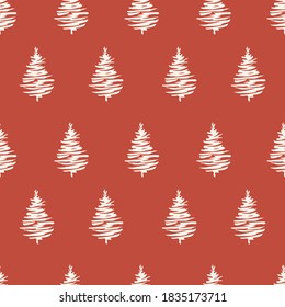 Rote Weihnachtsbäume nahtlose Muster. Grünwald mit Kiefernbäumen, handgezeichnete Vektorgrafik für Stoff und Sublimationendesign