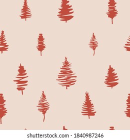 Red Christmas trees seamless patterns. Green forest with pine trees, hand drawn vector endless illustration for fabric and sublimation print design