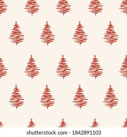 Los árboles de Navidad rojas son patrones sin costura. Bosque verde con pinos, ilustración interminable de vectores a mano para el diseño de impresión de tela y sublimación