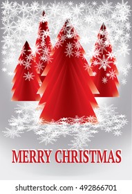 Red Christmas tress with falling snowflakes in the background
