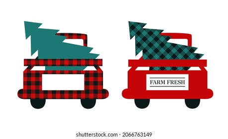 Red Christmas truck with tree. Buffalo plaid texture. Farm fresh Christmas trees delivery. Vector isolated illustration
