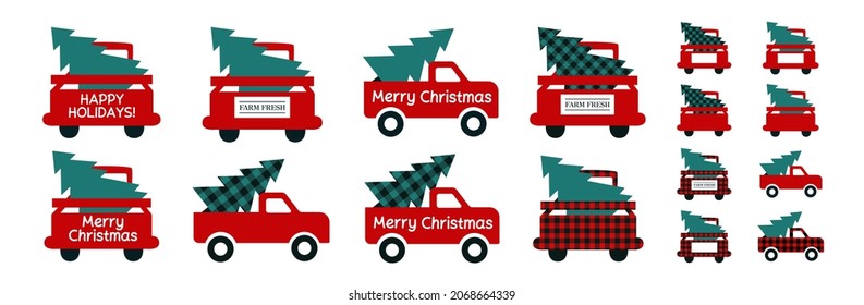 Red Christmas trucks with tree. Buffalo plaid texture. Farm fresh Christmas trees delivery. Set of vector isolated truck illustrations for winter holiday. Happy holidays. Merry Christmas