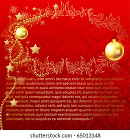 Red christmas vector background with original golden floral frame and place for text. With xmas ball, stars and snowflakes.