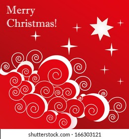 red christmas vector card with star and clouds