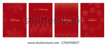 Red Christmas vector greeting card set with gold glitter snowflake and pine tree design. Holiday celebration theme for banner or background.