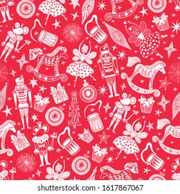 Red Christmas vector seamless Nutcracker pattern.  Seamless pattern can be used for wallpaper, pattern fills, web page background, surface textures.