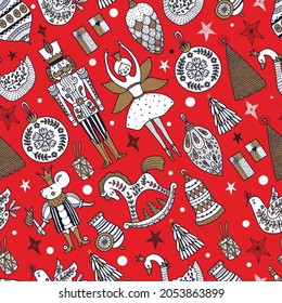 Red christmas vector seamless Nutcracker pattern.  Seamless pattern can be used for wallpaper, pattern fills, web page background, surface textures.