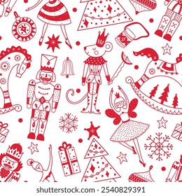 Red Christmas vector seamless Nutcracker pattern.  Seamless pattern can be used for wallpaper, pattern fills, web page background, surface textures.