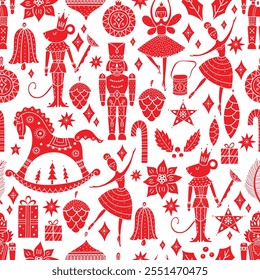 Red Christmas vector seamless Nutcracker pattern.  Seamless pattern can be used for wallpaper, pattern fills, web page background, surface textures.