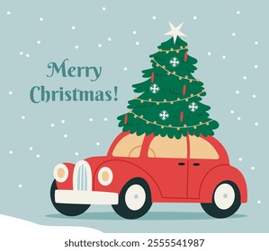 Red Christmas vintage car carrying a Christmas tree. Merry Christmas card. Modern minimalist illustration in Scandinavian style.Festive holiday greeting card, postcard design element.