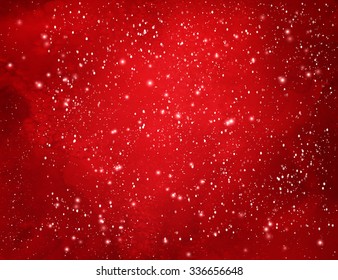 Red Christmas watercolor grunge background with falling snow and light sparkles.