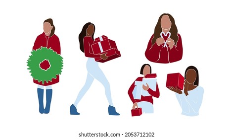 Red christmas women in modern abstract style. Set of winter female. Happy New Year Collection. Vector illustration isolated on white background.