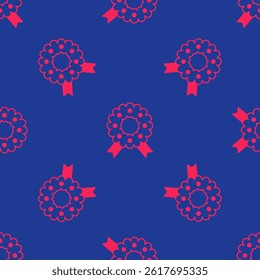 Red Christmas wreath icon isolated seamless pattern on blue background. Merry Christmas and Happy New Year.  Vector