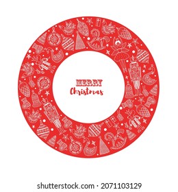 Red Christmas wreath with motifs from the ballet the Nutcracker. Fabulous postcard.