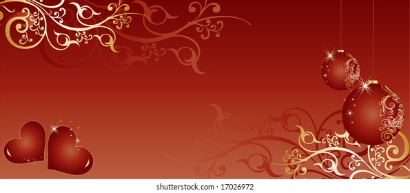 Red christmas-themed background pattern with toys, a pair of red hearts and swirls
