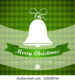 red christmgreen winter background with bell and ribbon. christmas card.