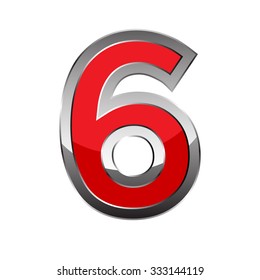 Red chrome alphabet 6, isolated on white. generated 3D photo rendering.