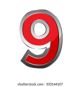 Red chrome alphabet 9, isolated on white. generated 3D photo rendering.