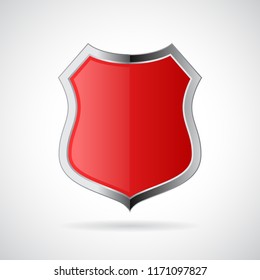 Red chrome shield vector icon isolated on white background