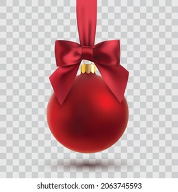 Red chrstmas ball with ribbon and bow. vVector illustration.