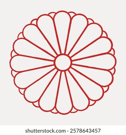 Red chrysanthemum emblem with 16 petals in a circular pattern, symbolizing royalty and tradition. The chrysanthemum design is iconic and symmetrical. Vintage flower illustration isolated, vector.