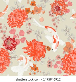 Red Chrysanthemum Flower Asian Seamless Koi Fish Vector Pattern