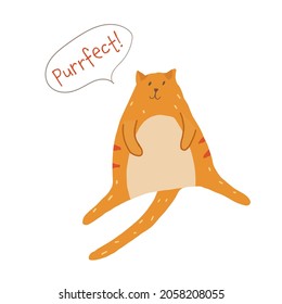 Red chubby fluffy cat sitting saying purrfect perfect sticker for social media and messengers. Vector illustration flat cartoon style.