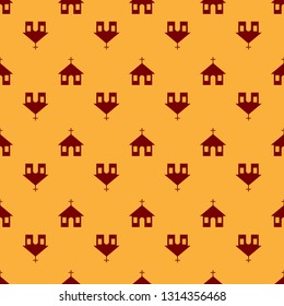 Red Church building icon isolated seamless pattern on brown background. Christian Church. Religion of church. Flat design. Vector Illustration