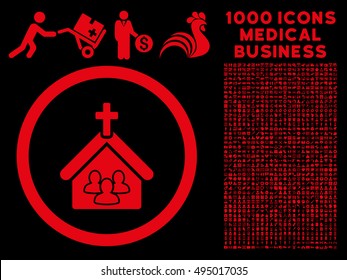 Red Church vector rounded icon. Image style is a flat icon symbol inside a circle, black background. Bonus set includes 1000 medical business pictograms.