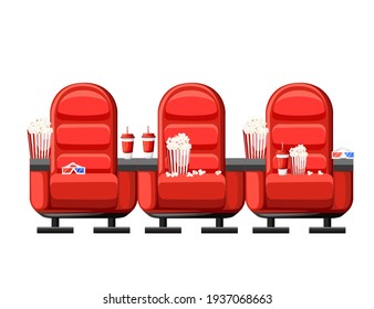 Red cinema armchair with soda popcorn and 3d glasses vector illustration on white background