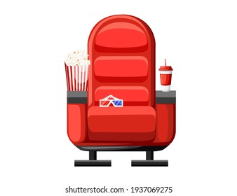 Red cinema armchair with soda popcorn and 3d glasses vector illustration on white background