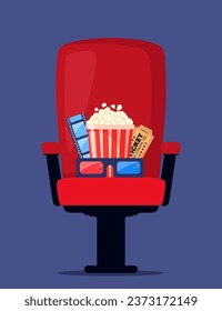 Red cinema armchair with soda, popcorn and 3d glasses. Cinema poster, banner design for movie theater. Vector illustration