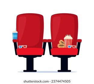 Red cinema armchair with soda, popcorn and 3d glasses. Cinema poster, banner design for movie theater. Vector illustration