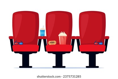 Red cinema armchair with soda, popcorn and 3d glasses. Cinema poster, banner design for movie theater. Vector illustration