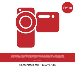 Red Cinema camera icon isolated on white background. Video camera. Movie sign. Film projector. Vector Illustration
