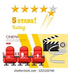 Red cinema chairs. 5 stars rating concept cinema design. Cola and popcorn. Website page and mobile app design. Flat vector illustration.