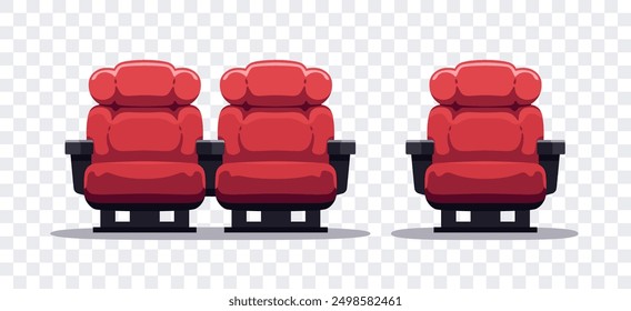 Red cinema chairs isolated. Front view. Rows of seats, red cinema chairs. Movie theatre. Flat style cartoon design. Simple cartoon background. Vector eps10 illustration.