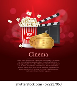 Red Cinema Movie Design Poster design. Vector template banner for movie premiere or show with seats, popcorn box, clapperboard and gold tickets