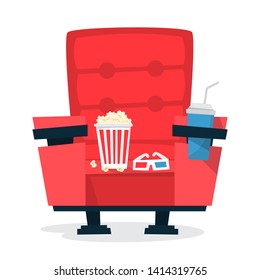 Red cinema theater chair with pop corn and soda drink. Movie time web banner concept. Flyer creative design. Vector illustration in cartoon style