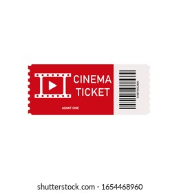 Red cinema ticket isolated on white background. Card for movie. Realistic front view. Pass ticket on film. 3d films coupon icon. Entertainment and concerts concept. Modern theatres and cinemas. Vector