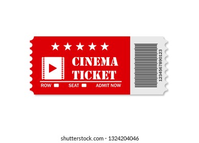 Red cinema ticket on white background isolated or movie time realistic style.