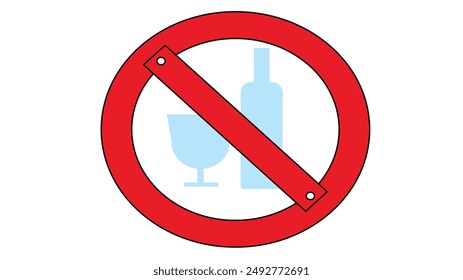 Red circle with alcohol crossed out inside, ban on drinking alcohol, sign prohibiting drinking alcohol indoors on white background