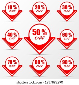 Red circle and arrow sale badge with 10, 20, 30, 40, 50, 60, 70, 80 and 90 percent off label in badge