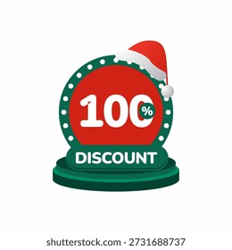 A red circle badge with a Santa hat and 100 percent discount text on a green base