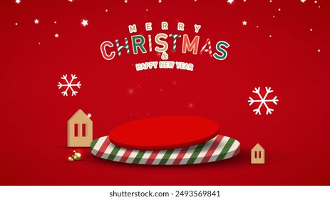 Red circle base tilted on striped pedestal for product display decorative with house toy shape, Christmas balls, Snowflakes on Red background. Vector illustration.