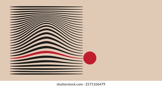 A red circle beside a series of black wavy lines, with one red line among them. Bauhaus composition.