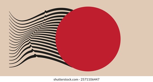 A red circle with black wavy lines on its left side, set against a beige background. Bauhaus composition.