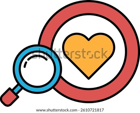 A red circle with a blue magnifying glass in the center and a yellow heart in the middle of the circle