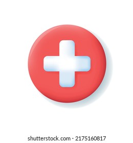 Red circle button with white plus. First aid, Health care, emergency help icon. 3d realistic vector illustration on white background.